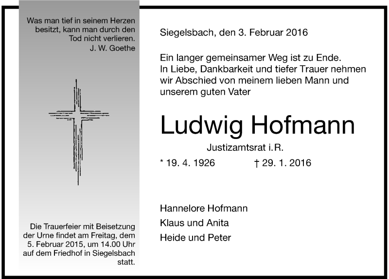  Traueranzeige für Ludwig Hofmann vom 03.02.2016 aus 