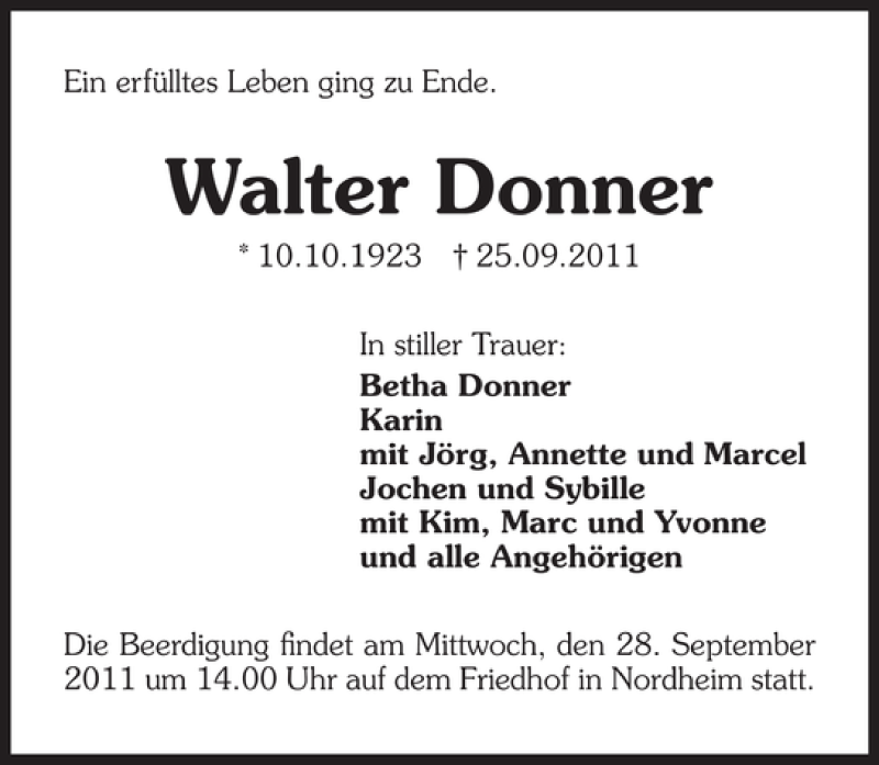  Traueranzeige für Walter Donner vom 27.09.2011 aus 
