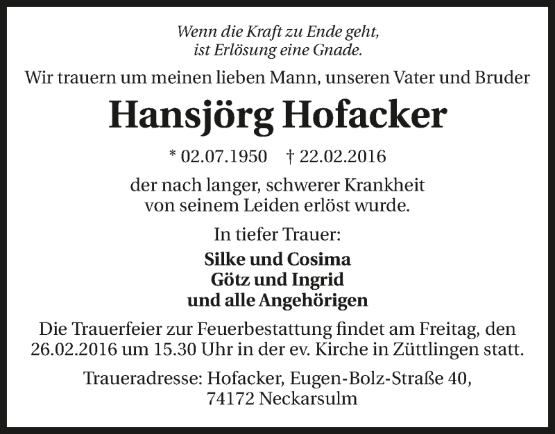  Traueranzeige für Hansjörg Hofacker vom 25.02.2016 aus 