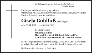 Traueranzeige von Gisela Goldfuß 