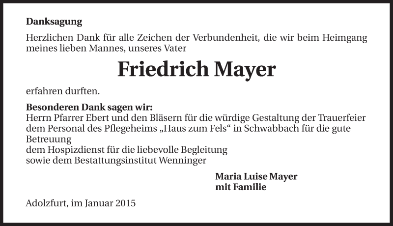  Traueranzeige für Friedrich Mayer vom 17.01.2015 aus 
