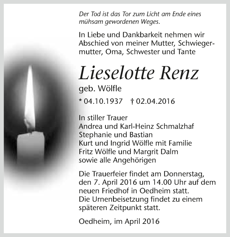  Traueranzeige für Lieselotte Renz vom 05.04.2016 aus 