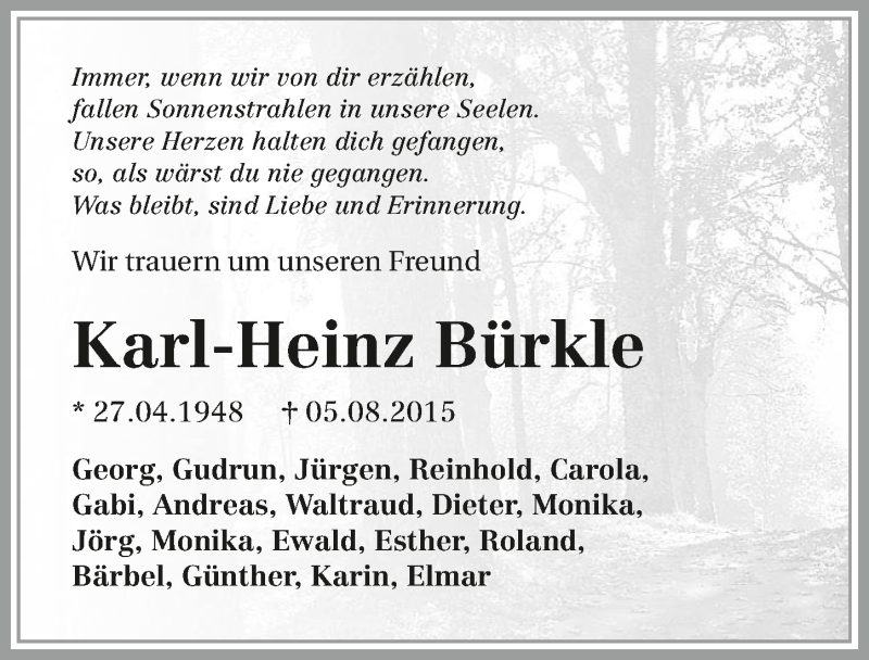  Traueranzeige für Karl-Heinz Bürkle vom 08.08.2015 aus 