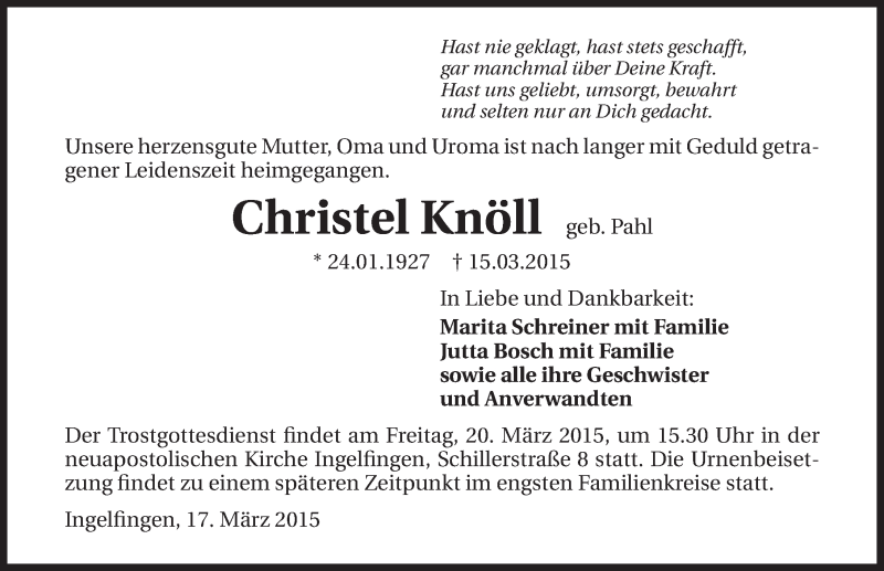  Traueranzeige für Christel Knöll vom 18.03.2015 aus 