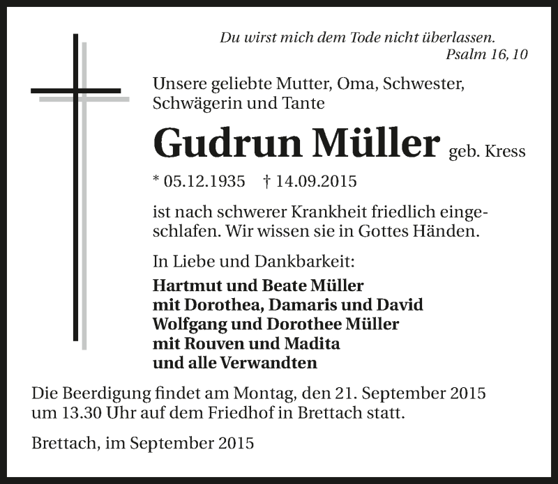  Traueranzeige für Gudrun Müller vom 17.09.2015 aus 