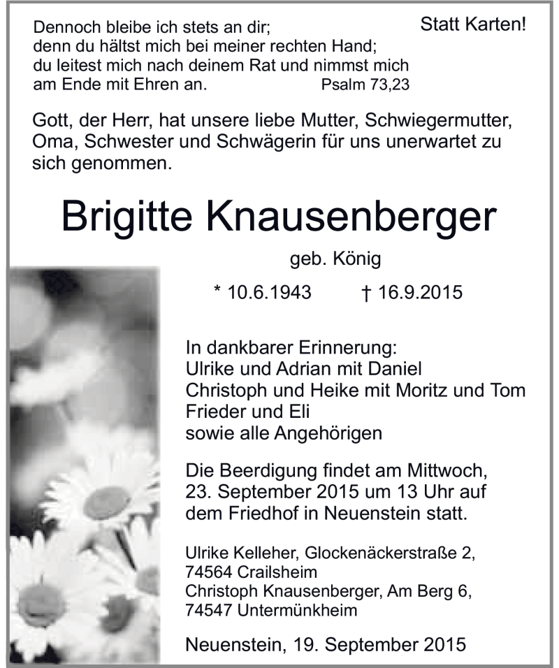  Traueranzeige für Brigitte Knausenberger vom 19.09.2015 aus 