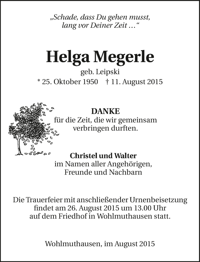  Traueranzeige für Helga Megerle vom 24.08.2015 aus 