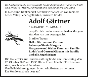 Traueranzeige von Adolf Gärtner 