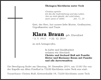 Traueranzeige von Klara Braun 