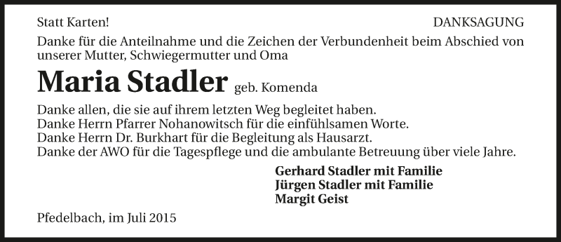  Traueranzeige für Maria Stadler vom 01.08.2015 aus 