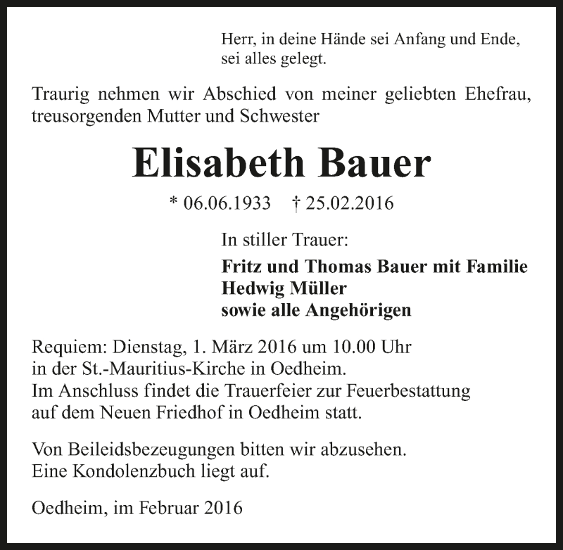  Traueranzeige für Elisabeth Bauer vom 27.02.2016 aus 