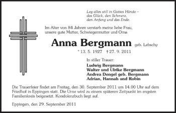 Traueranzeige von Anna Bergmann 
