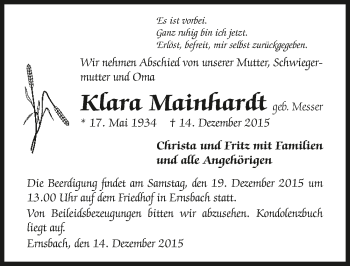 Traueranzeige von Klara Mainhardt 
