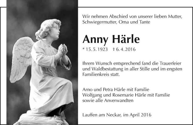 Traueranzeige für Anny Härle vom 15.04.2016 aus 