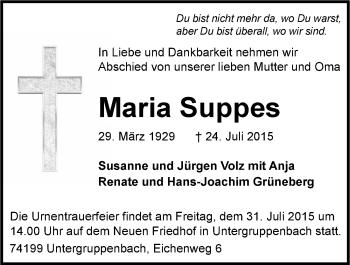 Traueranzeige von Maria Suppes 