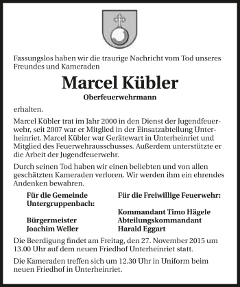 Traueranzeige von Marcel Kübler 