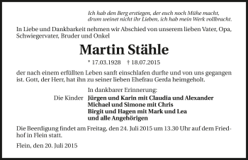 Traueranzeige von Martin Stähle 