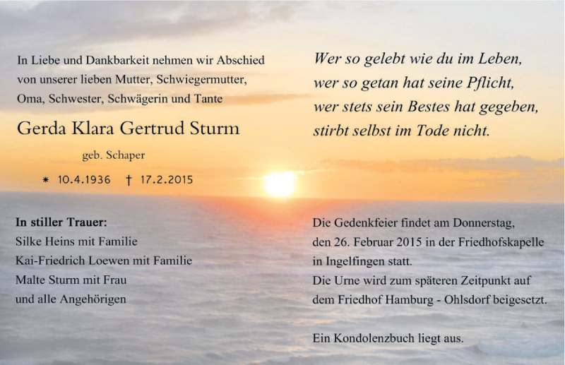  Traueranzeige für Gerda Klara Gertrud Sturm vom 23.02.2015 aus 