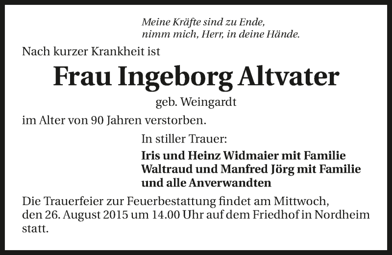 Traueranzeige für Ingeborg Altvater vom 24.08.2015 aus 