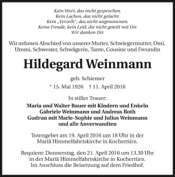 Traueranzeige von Hildegard Weinmann