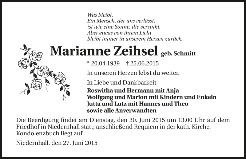  Traueranzeige für Marianne Zeihsel vom 27.06.2015 aus 