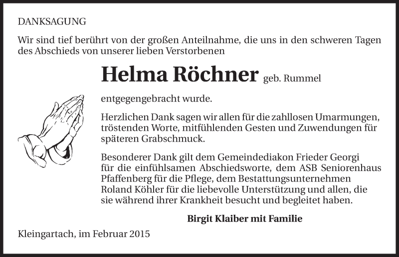  Traueranzeige für Helma Röchner vom 26.02.2015 aus 