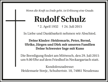 Traueranzeige von Rudolf Schulz 