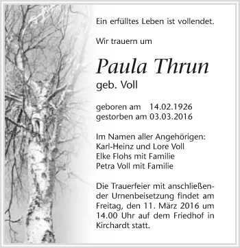 Traueranzeige von Paula Thrun 