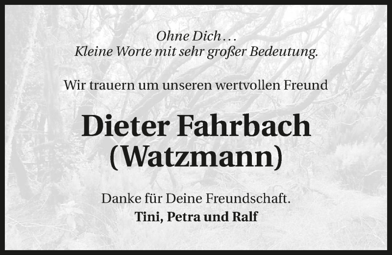  Traueranzeige für Dieter Fahrbach vom 13.08.2015 aus 