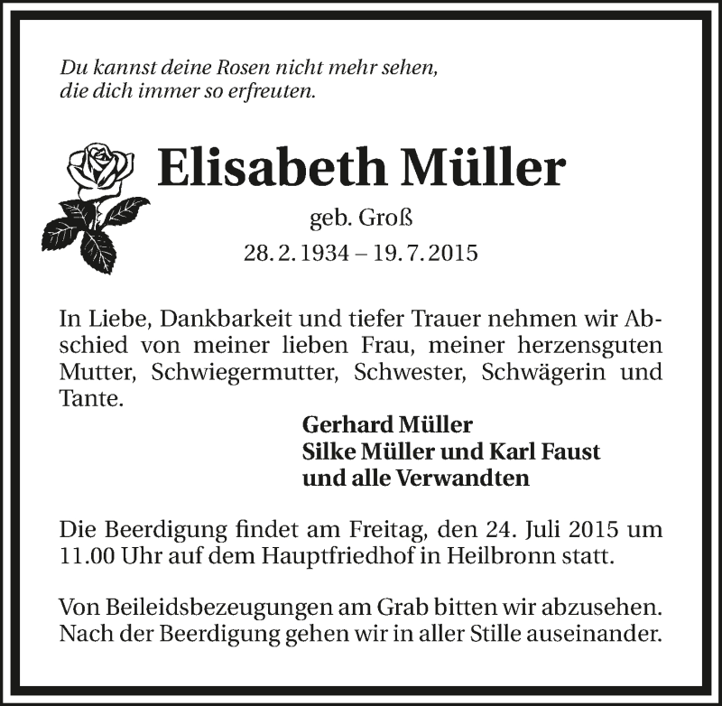  Traueranzeige für Elisabeth Müller vom 21.07.2015 aus 