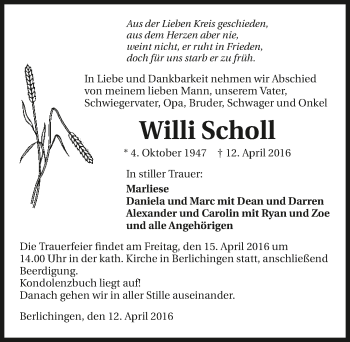 Traueranzeige von Willi Scholl 