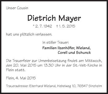 Traueranzeige von Dietrich Mayer 
