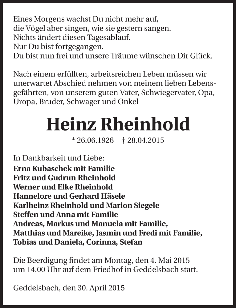  Traueranzeige für Heinz Rheinhold vom 30.04.2015 aus 