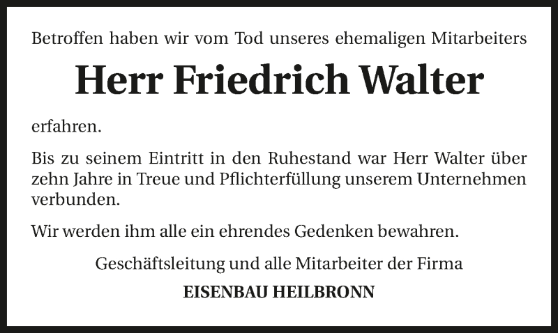  Traueranzeige für Friedrich Walter vom 01.09.2015 aus 