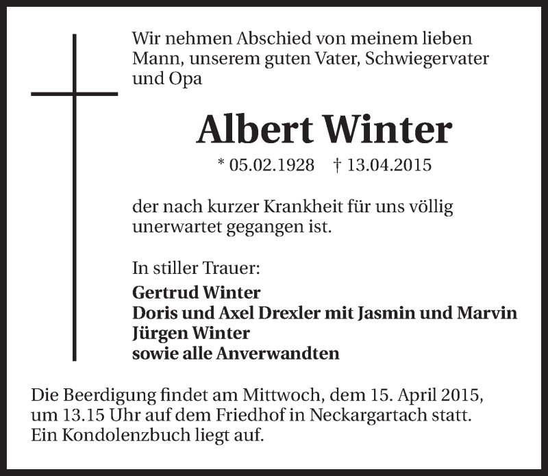  Traueranzeige für Albert Winter vom 14.04.2015 aus 