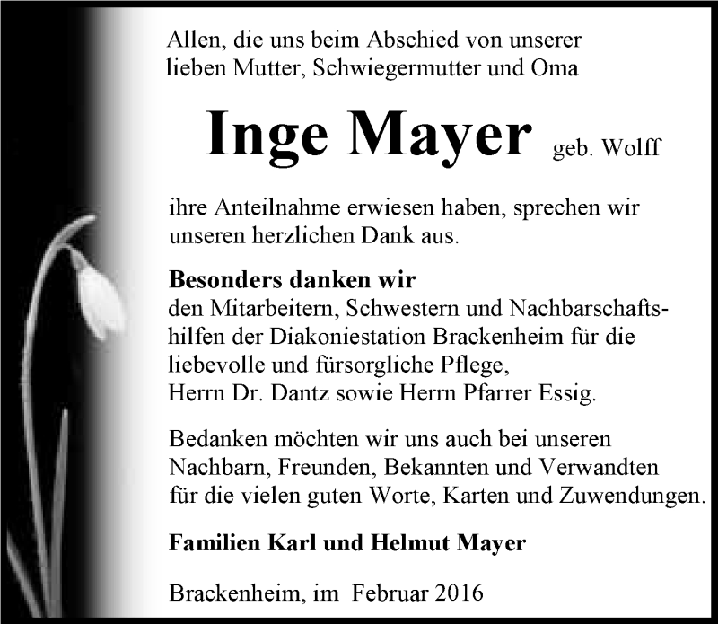  Traueranzeige für Inge Mayer vom 02.03.2016 aus 