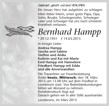 Traueranzeige von Bernhard Hampp 