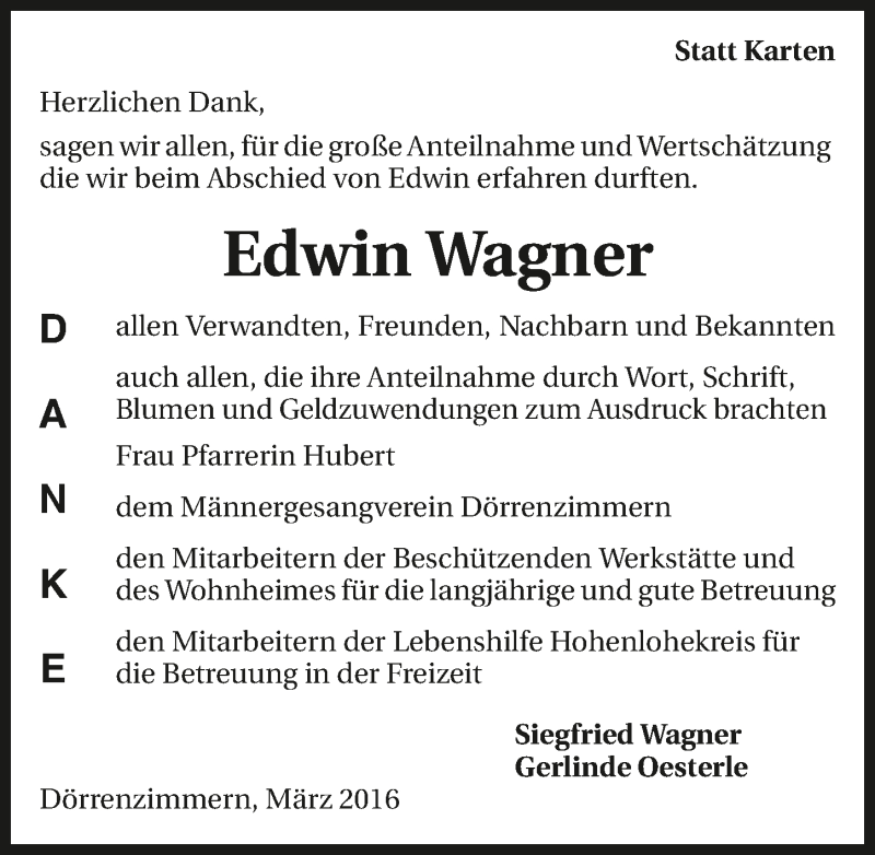  Traueranzeige für Edwin Wagner vom 09.03.2016 aus 