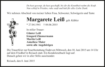 Traueranzeige von Margarete Leiß 