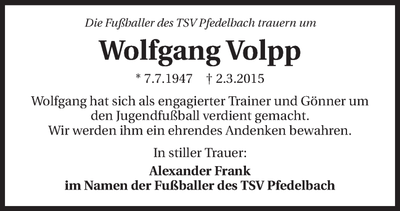  Traueranzeige für Wolfgang Volpp vom 05.03.2015 aus 