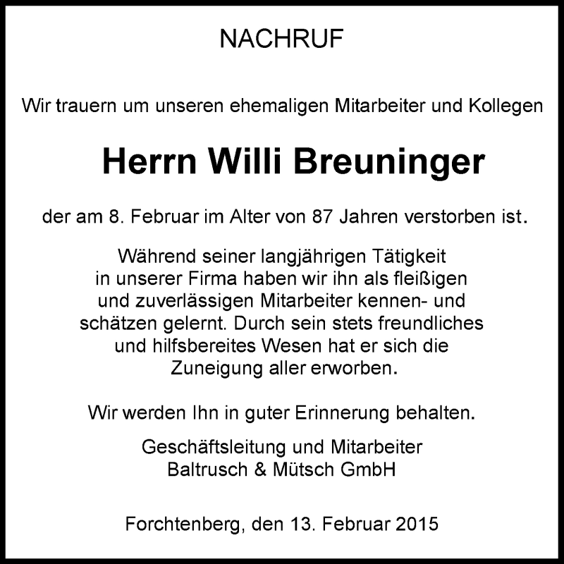  Traueranzeige für Willi Breuninger vom 14.02.2015 aus 