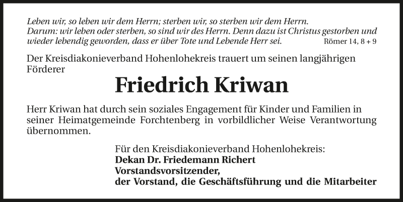  Traueranzeige für Friedrich Kriwan vom 30.06.2015 aus 