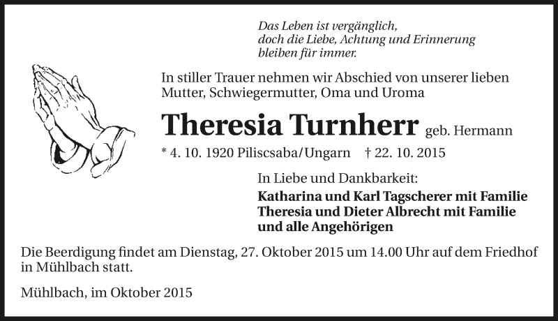  Traueranzeige für Theresia Turnherr vom 24.10.2015 aus 