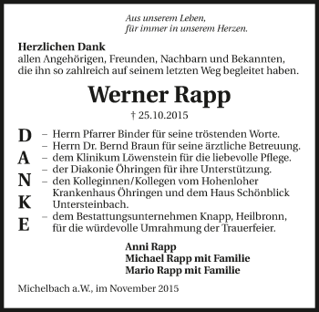 Traueranzeige von Werner Rapp 