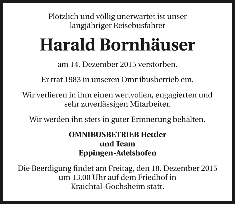  Traueranzeige für Harald Bornhäuser vom 17.12.2015 aus 
