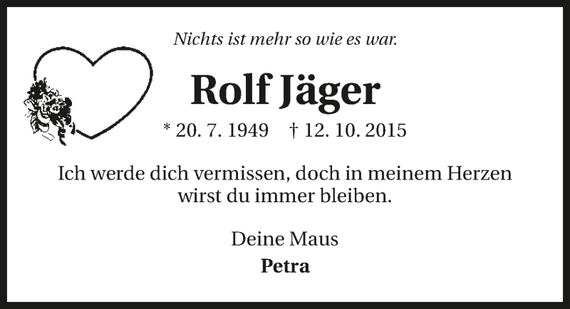  Traueranzeige für Rolf Jäger vom 22.10.2015 aus 