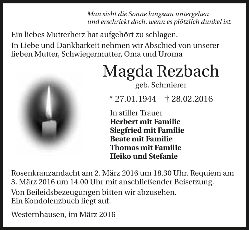  Traueranzeige für Magda Rezbach vom 01.03.2016 aus 
