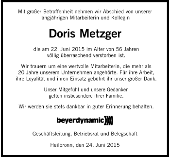 Traueranzeige von Doris Metzger 