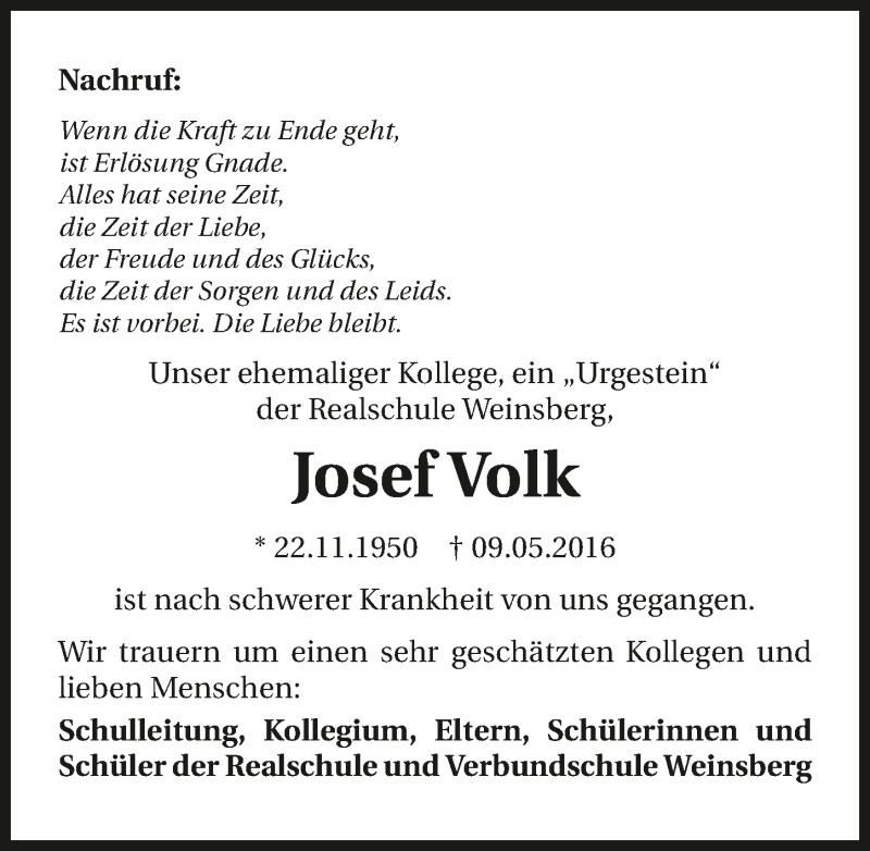  Traueranzeige für Josef Volk vom 11.05.2016 aus 