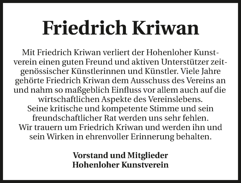  Traueranzeige für Friedrich Kriwan vom 03.07.2015 aus 